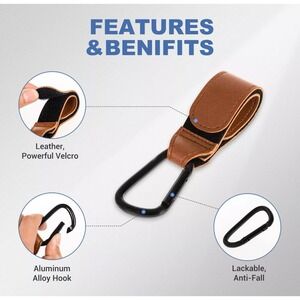 Stroller Hooks Leather Heavy Duty Carabiner Hook Straps with Stylish Clips Brown